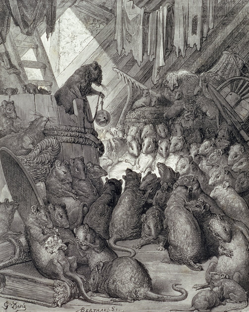 De raad gehouden door de ratten, uit de fabels van La Fontaine, gegraveerd door Antoine Valerie Bertrand (geb. 1823) ca. 1868 door Gustave (after) Dore
