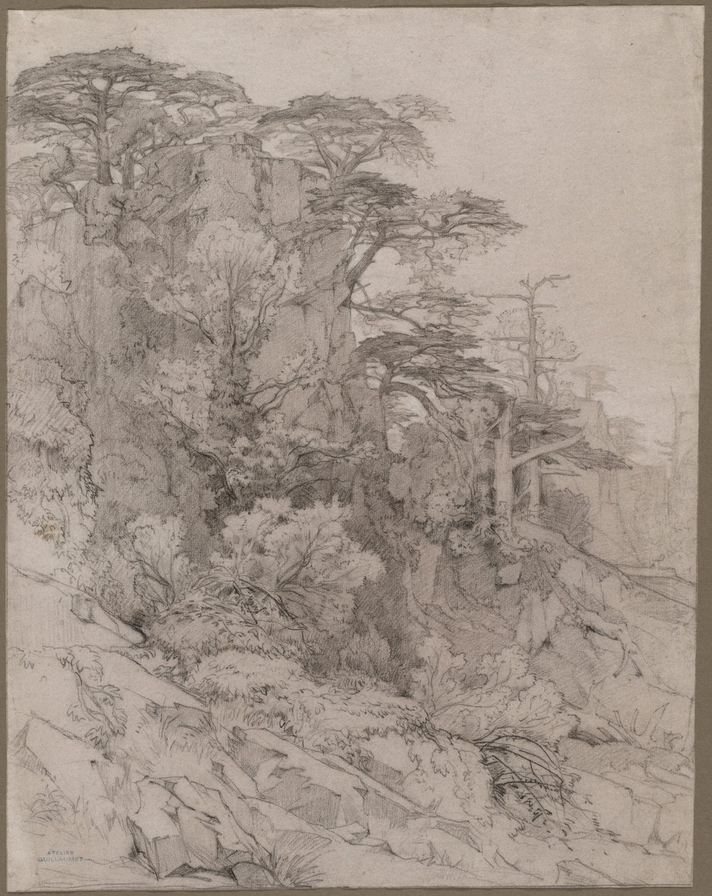 Bomen op een rotsachtige heuvel door Gustave Achille Guillaumet