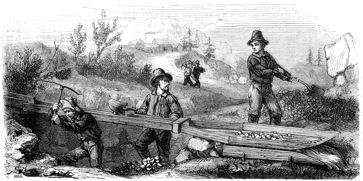 Franse mijnwerkers werken aan een lange tom-sluice, Californië, 19e eeuw door Gustave Adolphe Chassevent Bacques