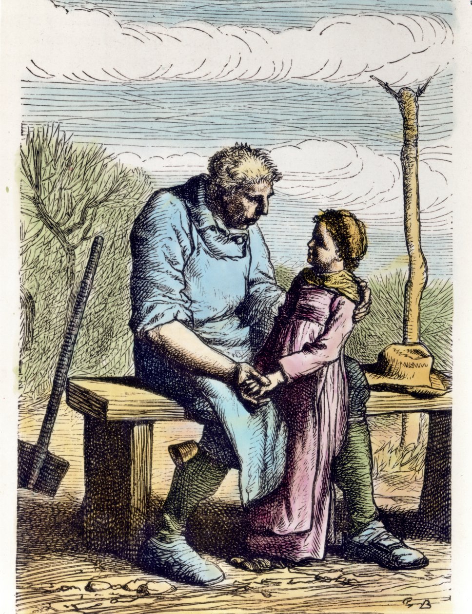 Cosette had toestemming uit Les Miserables. 1865 (gravure) door Gustave Brion