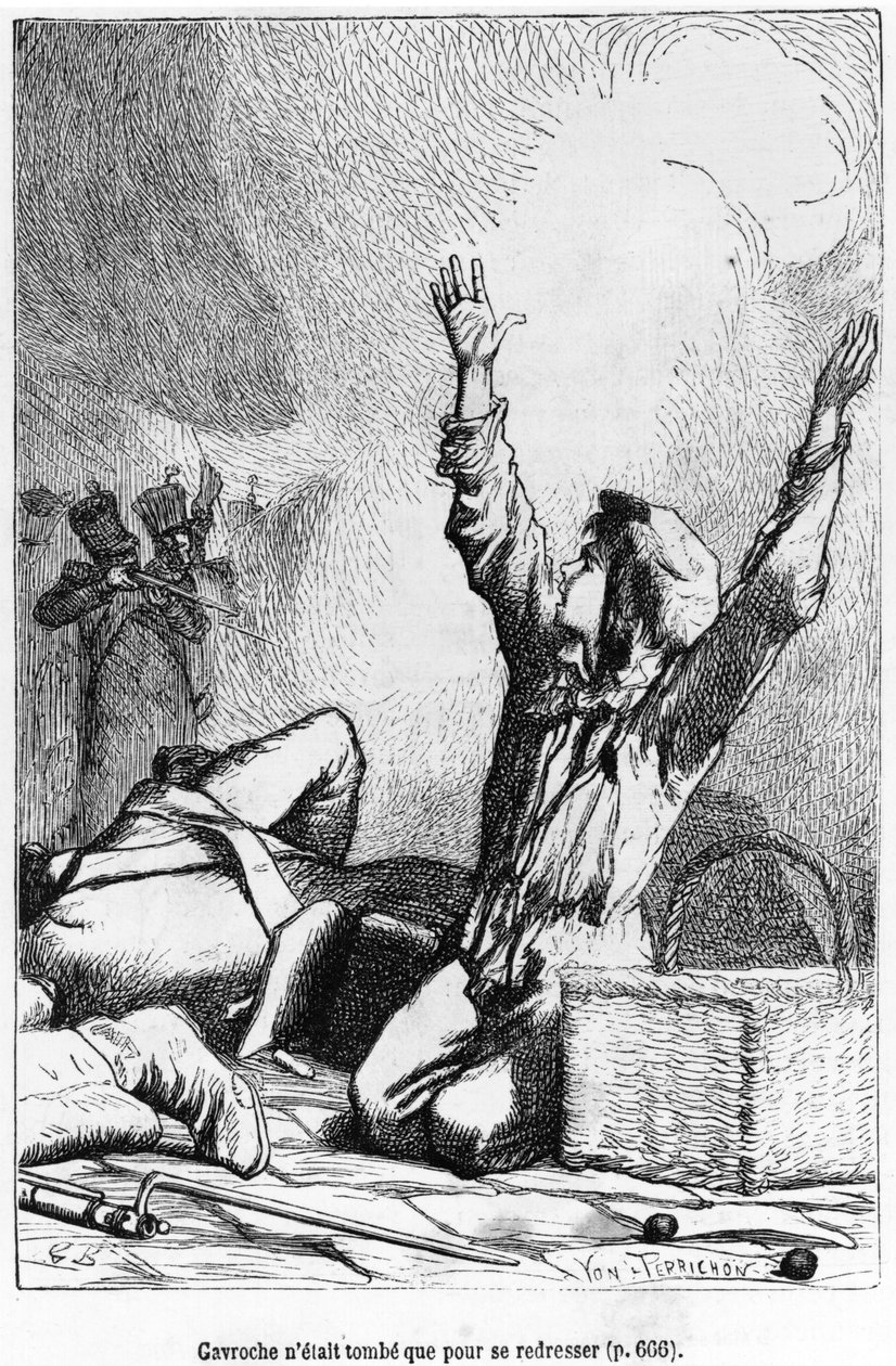 Gavroche was gevallen om weer op te staan, illustratie uit 