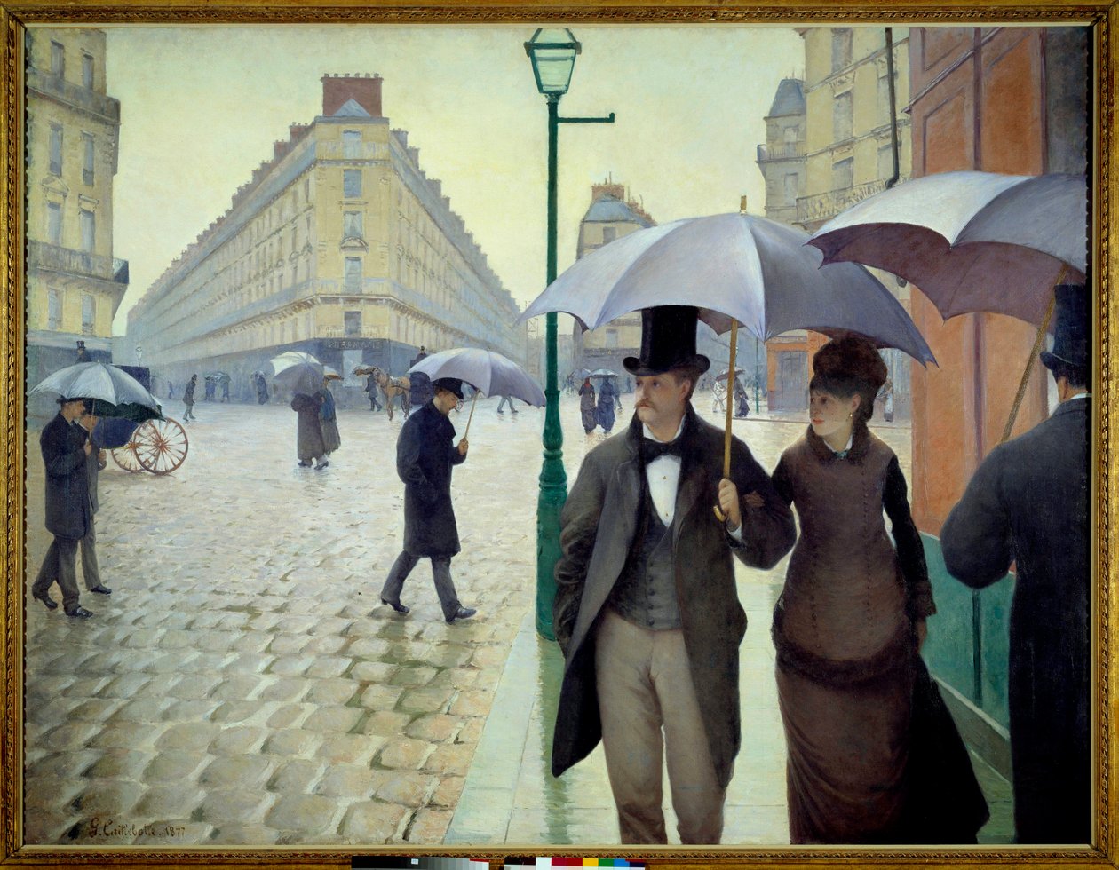Een straat in Parijs in regenachtig weer in 1877 door Gustave Caillebotte