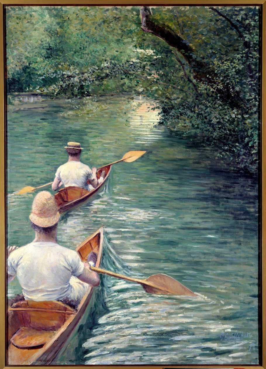 De perissoires. Koppel dat in het water loopt in perissoires, een soort kajak (De Kano