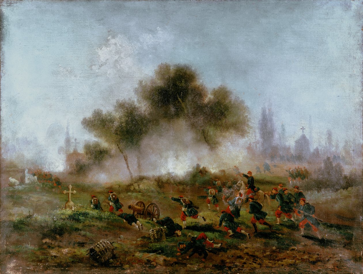 Parijse Commune: aanval op een begraafplaats door reguliere troepen en verovering van de barricades in mei 1871, 1871 door Gustave Clarence Rodolphe Boulanger