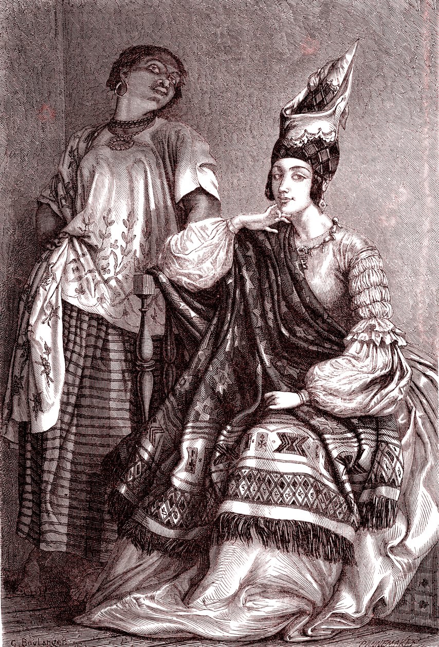Signare, de mulat-franse Afrikaanse vrouwen in de stad Saint Louis, Senegal. 1861 door Gustave Clarence Rodolphe Boulanger