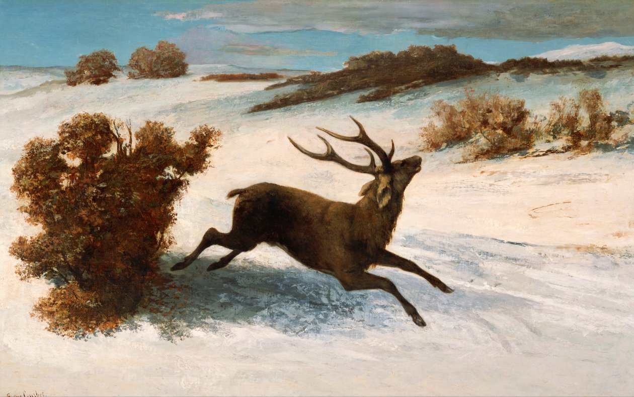 Herten in de sneeuw. door Gustave Courbet