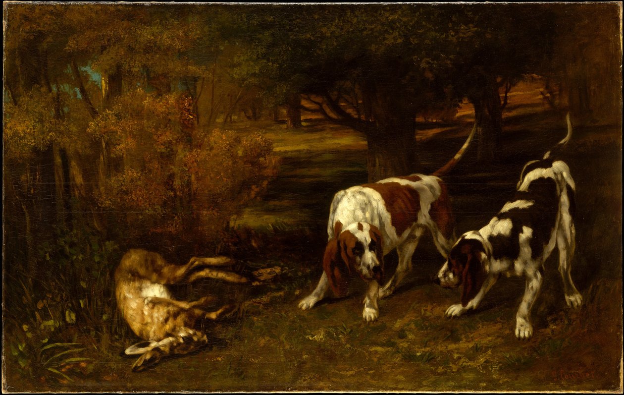 Jachthonden met een dode haas door Gustave Courbet