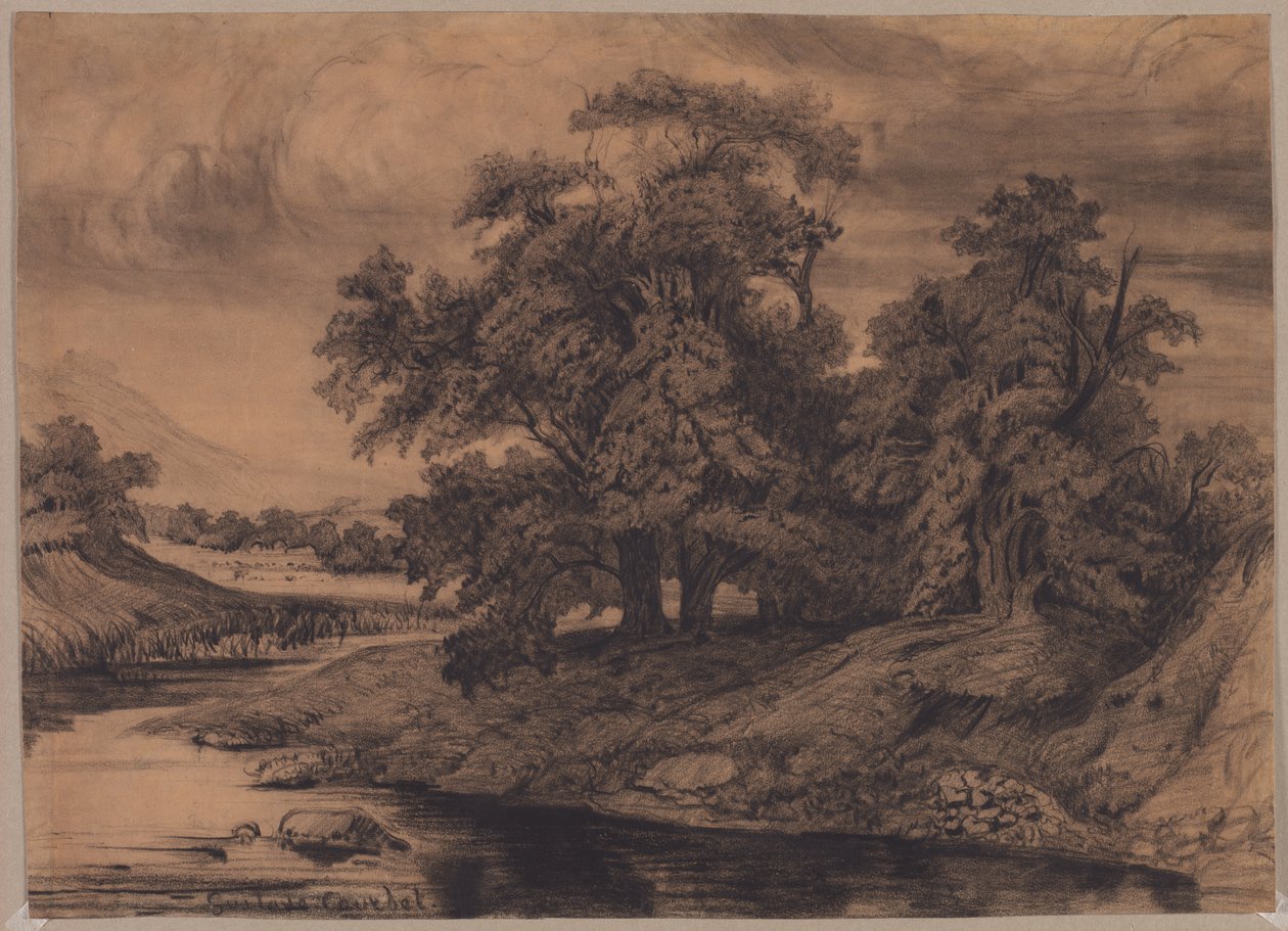 Landschap met grote bomen door Gustave Courbet