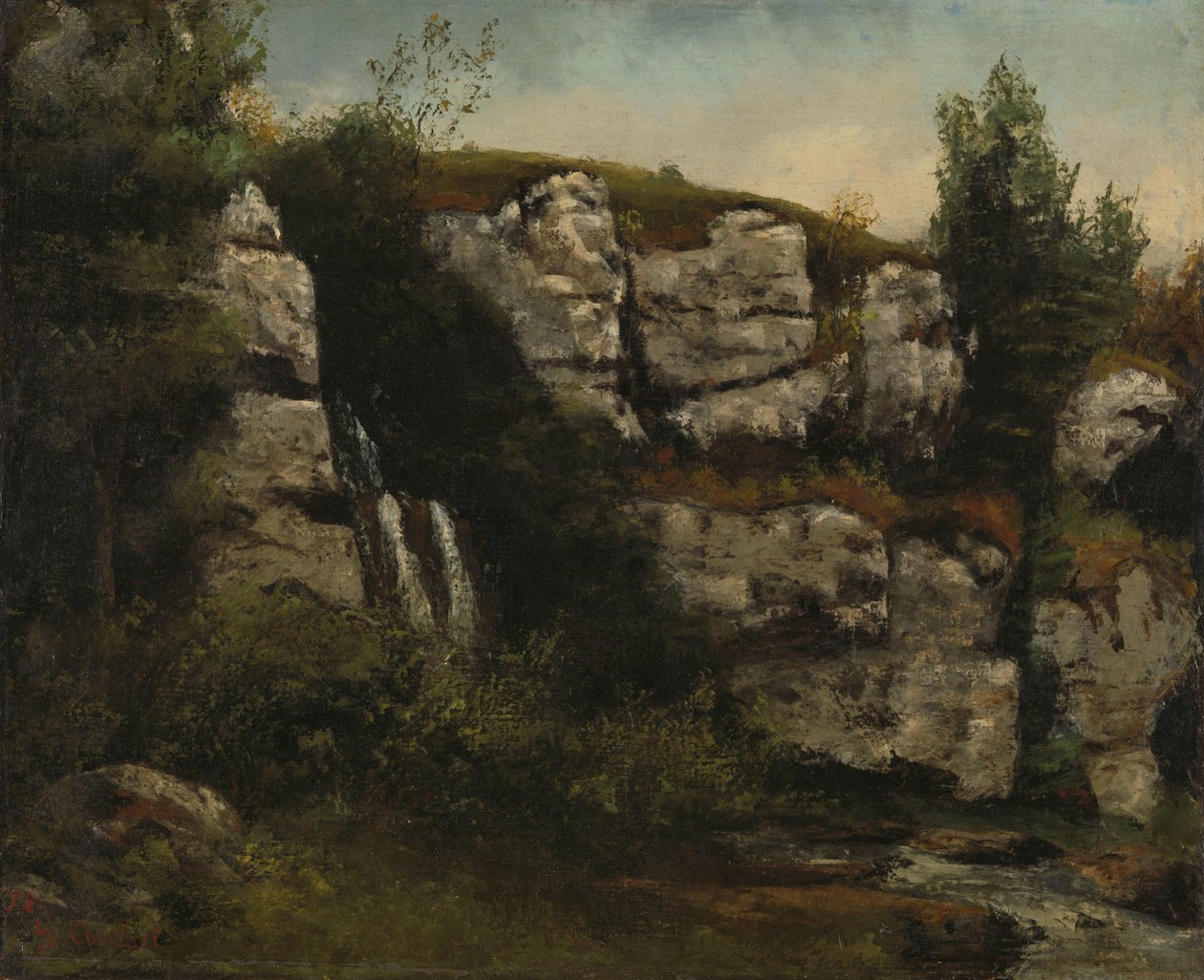 Landschap met rotsachtige kliffen en een waterval door Gustave Courbet