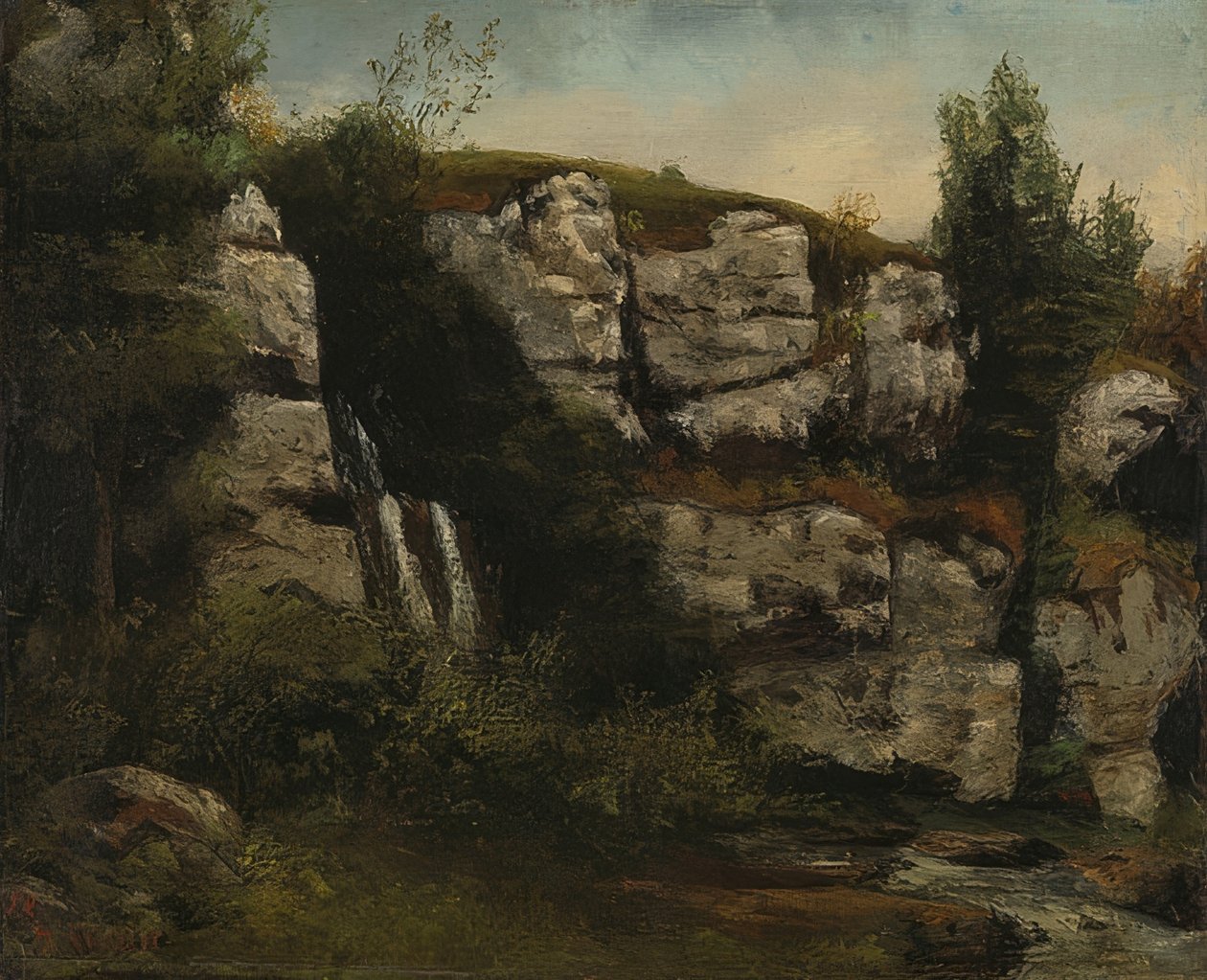 Landschap met rotsen en waterval. 1872 door Gustave Courbet