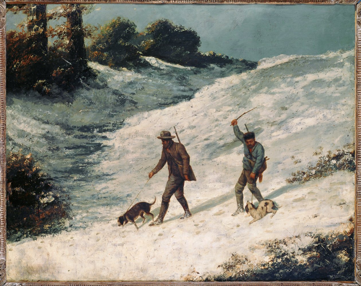 Stropers in de sneeuw (schilderij op canvas) door Gustave Courbet