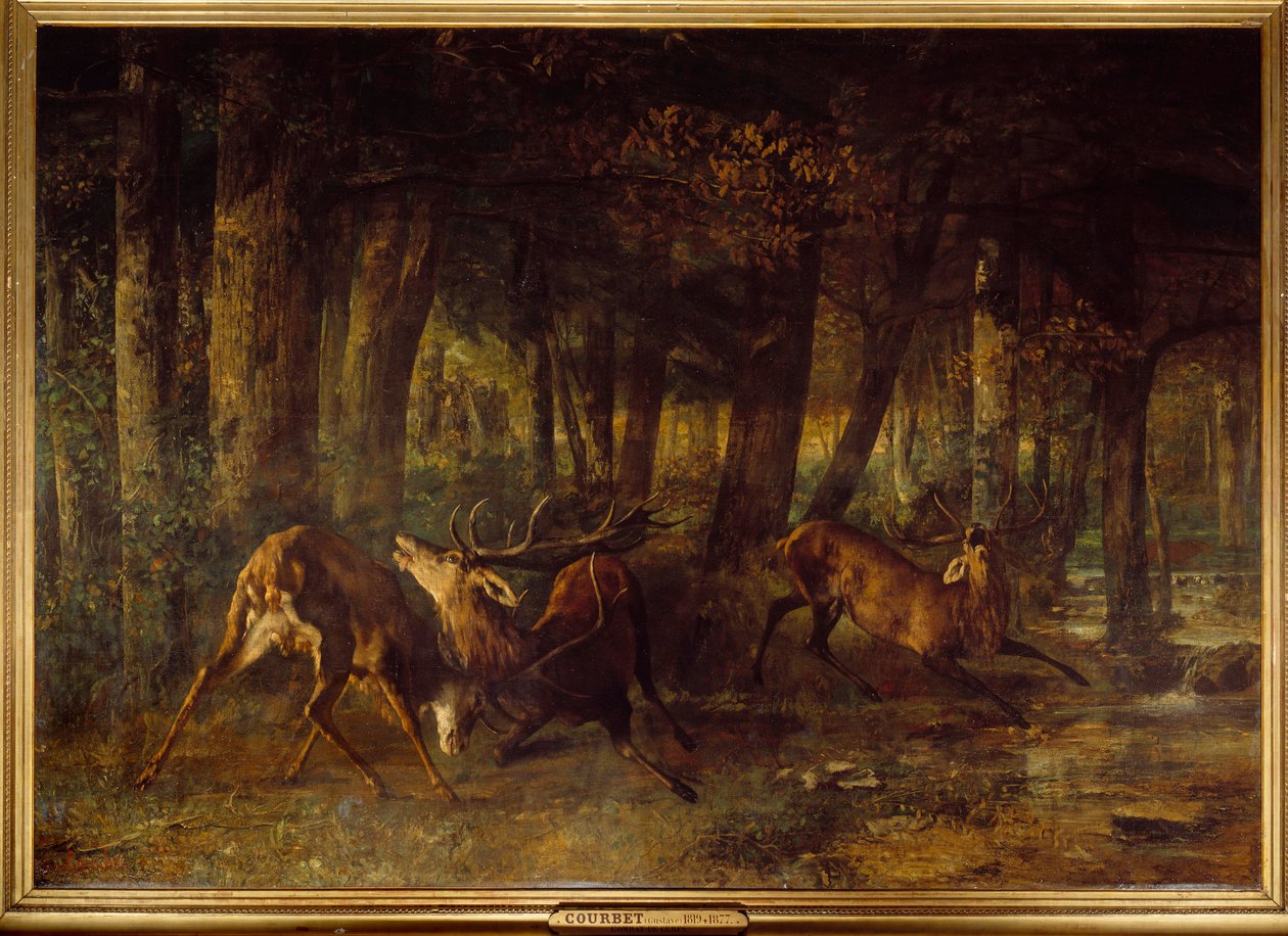 Lente bronst, hertengevecht door Gustave Courbet