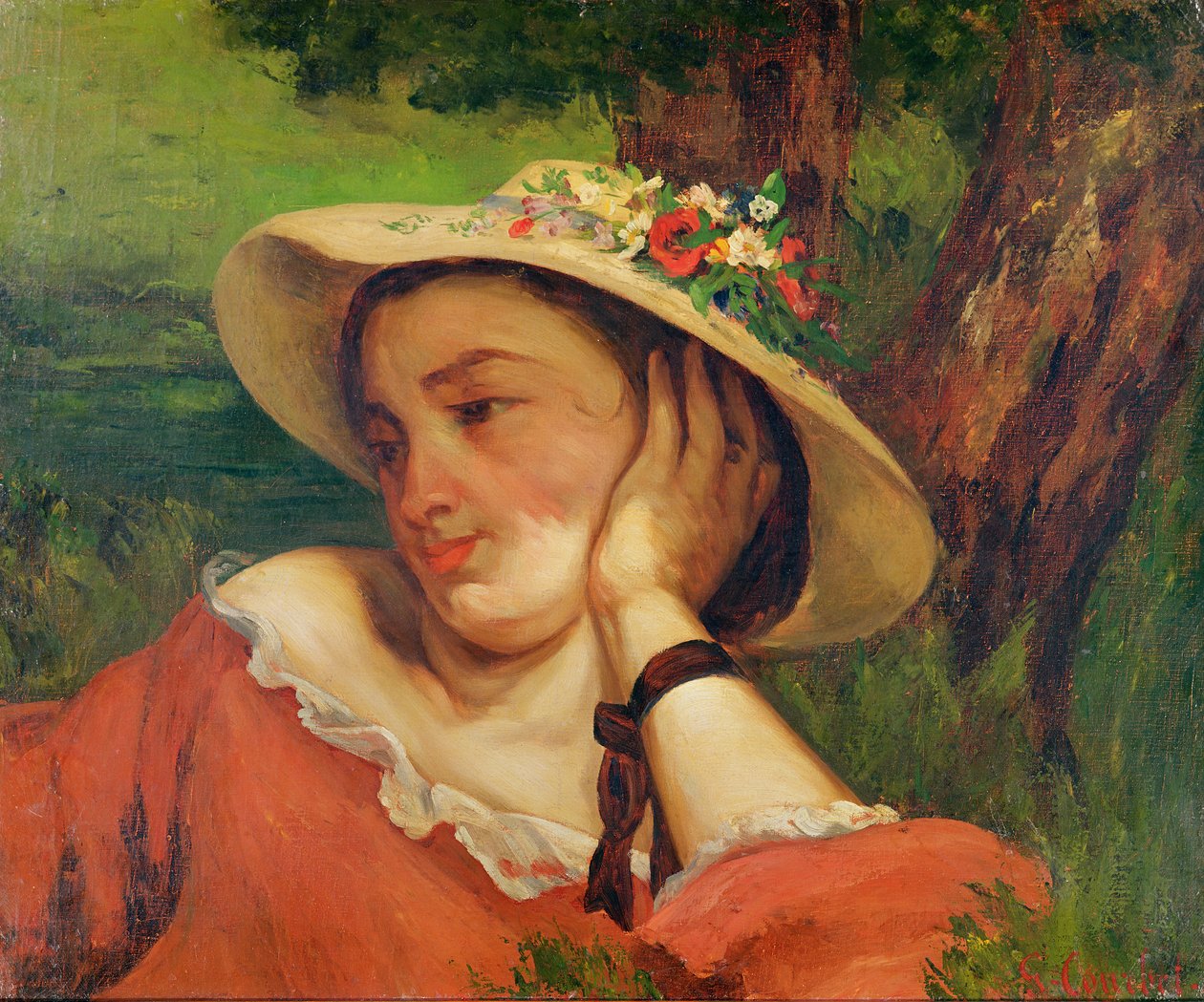 Vrouw met een strohoed met bloemen, c.1857 door Gustave Courbet
