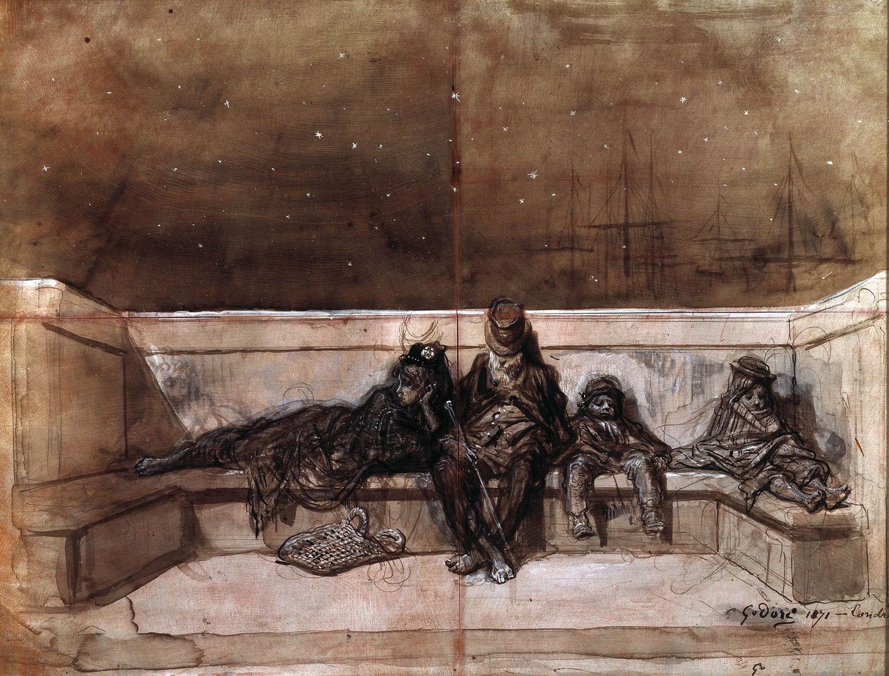 Een koppel en twee kinderen slapend op een Londense brug) van Gustave Dore door Gustave Dore