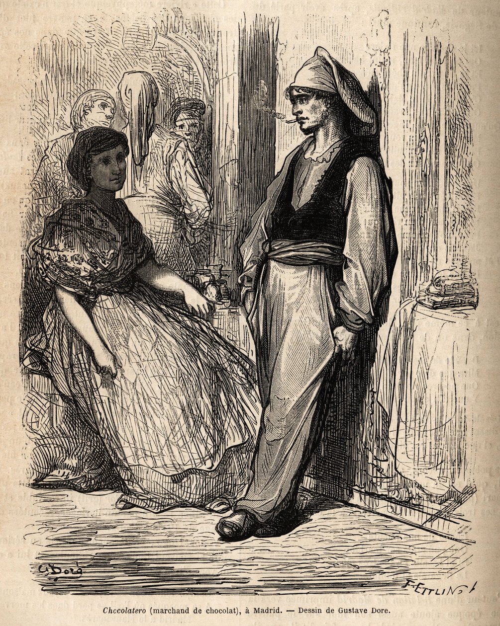 Een chocoladedealer in de open lucht, schets op de levendig genomen in Madrid. Gravure door Gustave Dore (1832-1883) ter illustratie van zijn reis naar Spanje, met Ch. Davillier (redacteur), in 1862, gepubliceerd in 