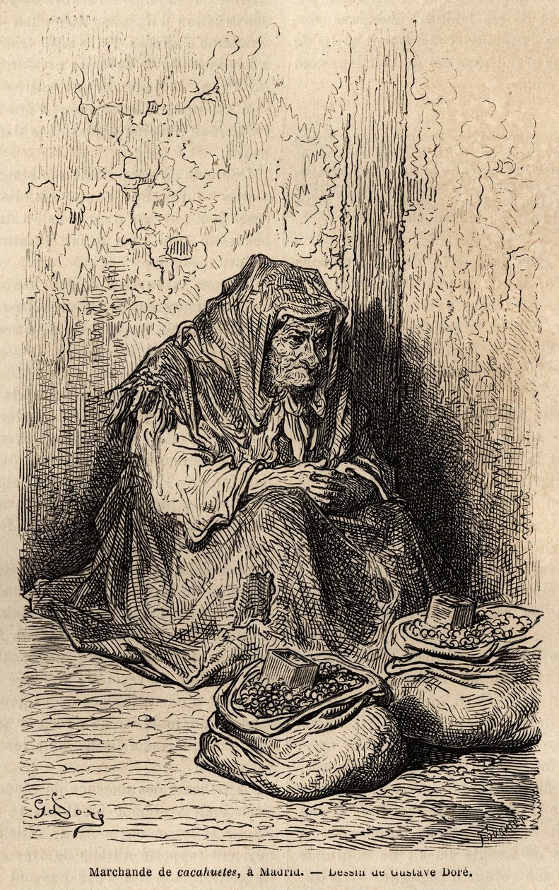 Een pindaverkoper, schets op locatie in de puerta del sol, in Madrid. Gravure door Gustave Doré (1832-1883) ter illustratie van zijn reis naar Spanje, met Ch. Davillier (redacteur), in 1862, gepubliceerd in 