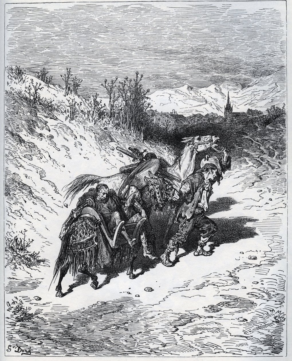 Een ploeger brengt Don Quichot en Rossinante terug naar het dorp - uit "Don Quichot van La Mancha" van Miguel Cervantes door Gustave Dore