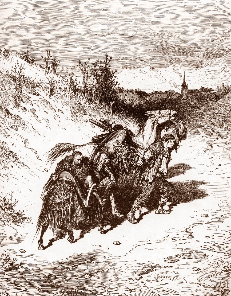 Een ploeger uit zijn eigen dorp brengt Quichot naar huis Gravure door Gustave Doré voor 