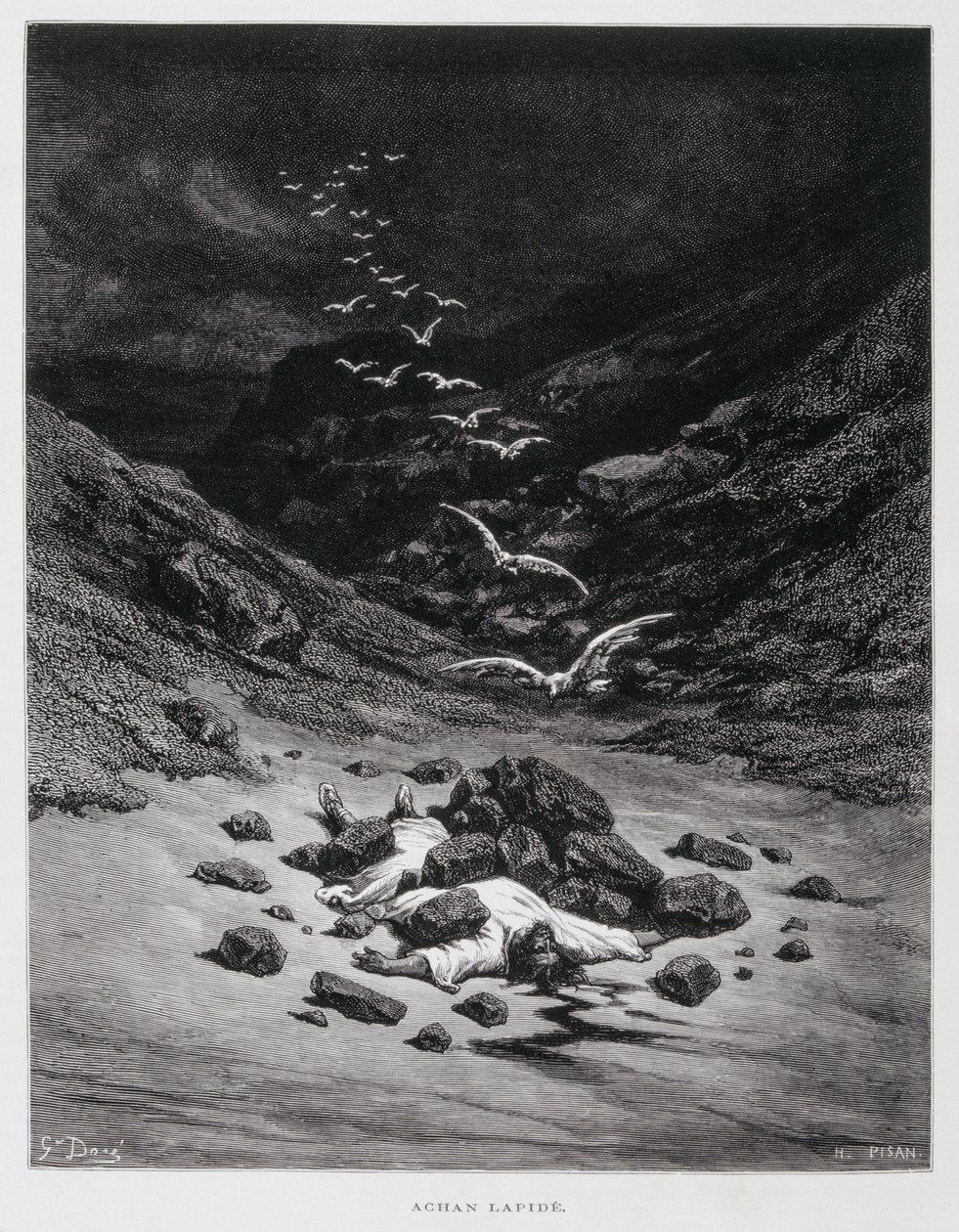 Achan wordt gestenigd (Joz. 7:1,10-26), Illustratie uit de Dore Bijbel door Gustave Dore