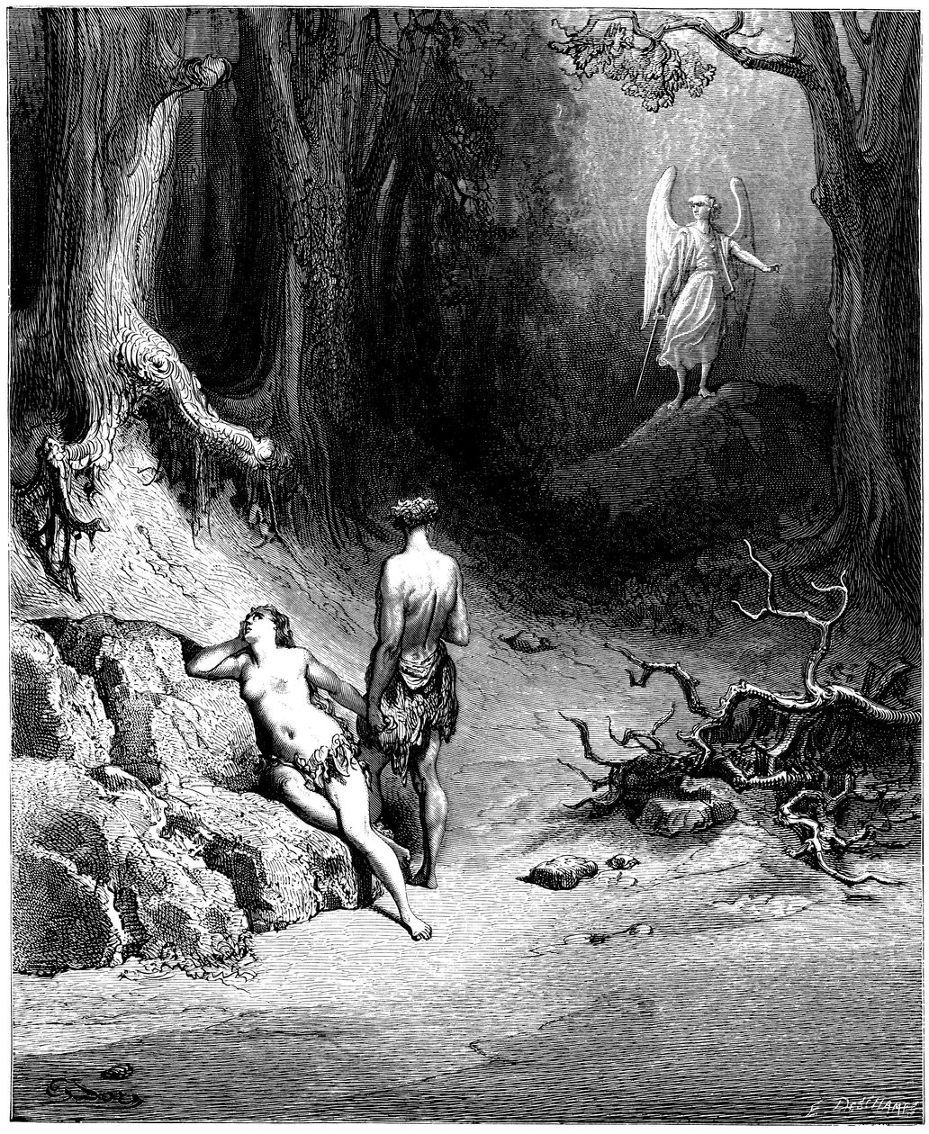 Adam en Eva worden uit het Paradijs verdreven. Illustratie door Gustave Dore voor “Paradise Lost” door John Milton (1608-1674). Gravure uit 1866. Privécollectie door Gustave Dore