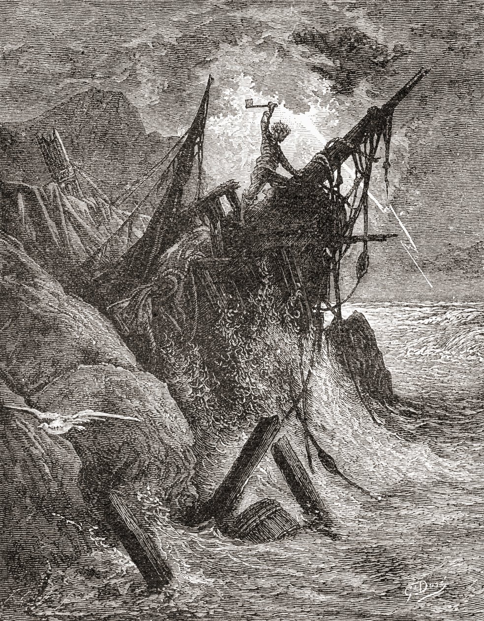 Naar een origineel werk van Gustave Dore voor het boek De Werklieden van de Zee door Victor Hugo. Uit Leven en Herinneringen van Gustave Dore, gepubliceerd 1885. door Gustave Dore
