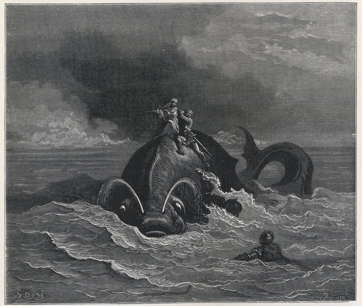 "Alcina (Alcina) en Renaud (Rinaldo) dragen Astolfo (Astholfo) op de rug van een walvis (Orlando furioso) door Ludovico Ariosto (1474-1533) 19e eeuw (gravure) door Gustave Dore