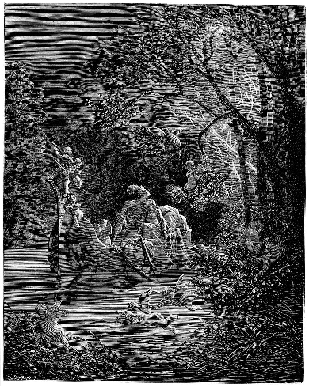 Alcina en Ruggiero als gelukkige geliefden aan het vissen door Gustave Dore