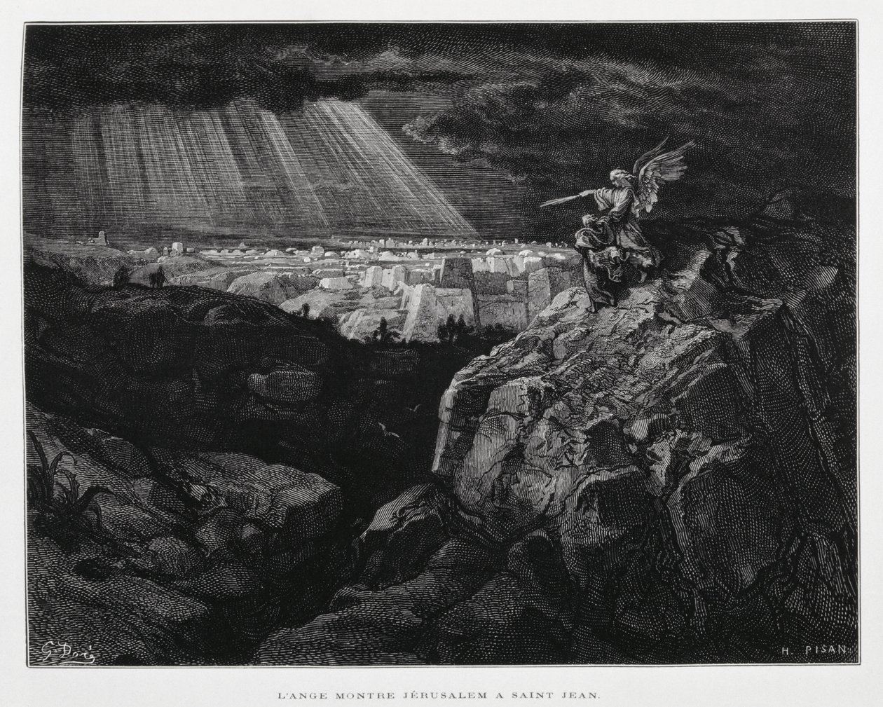 Een engel met Johannes de Doper voor Jeruzalem, Illustratie uit de Dore Bijbel door Gustave Dore