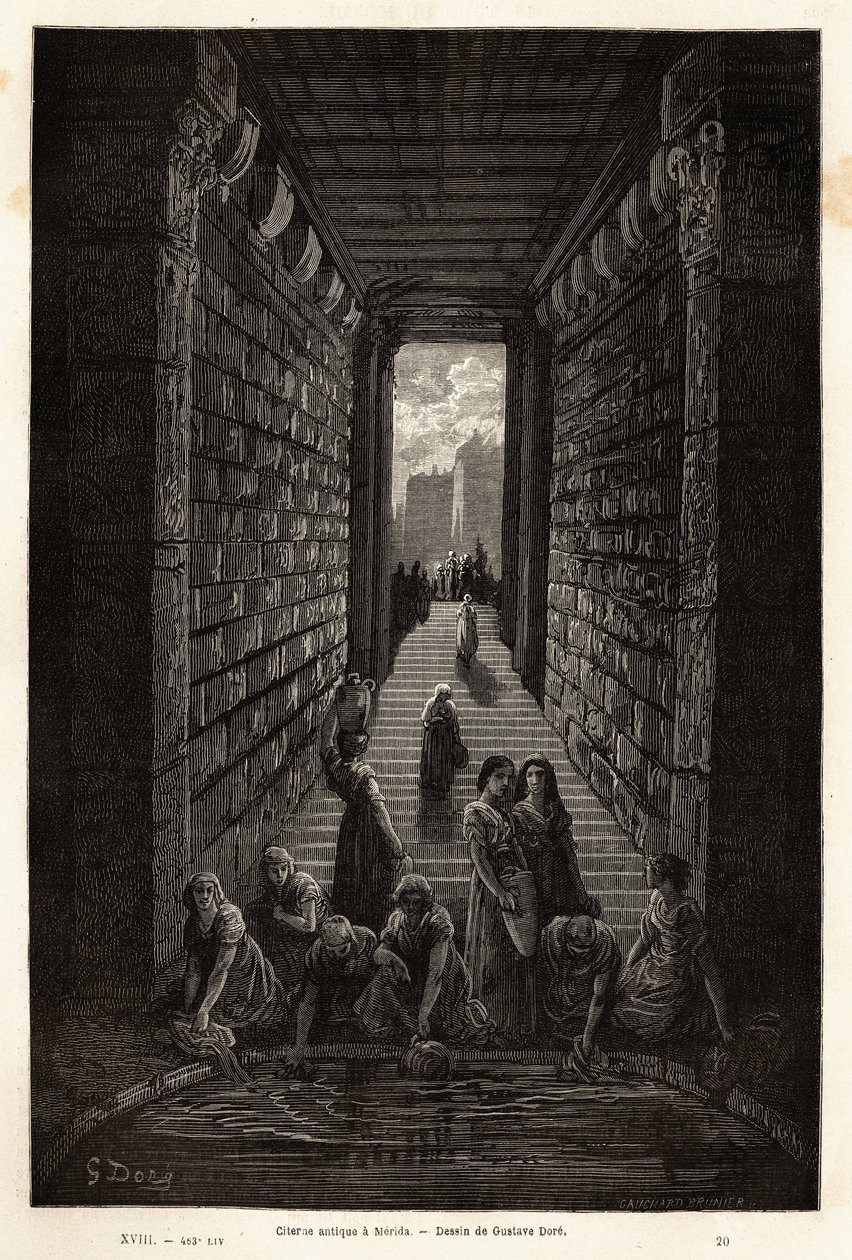 Een antieke waterbak, nog steeds in gebruik, in Merida. Gravure ter illustratie van de reis naar Spanje door Gustave Dore (1832-1883) illustrator en Baron Ch. Davillier reactor, in 1862, gepubliceerd in 