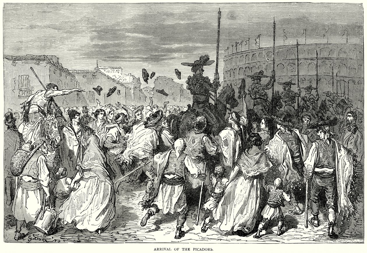 Aankomst van de Picadors (gravure) door Gustave Dore
