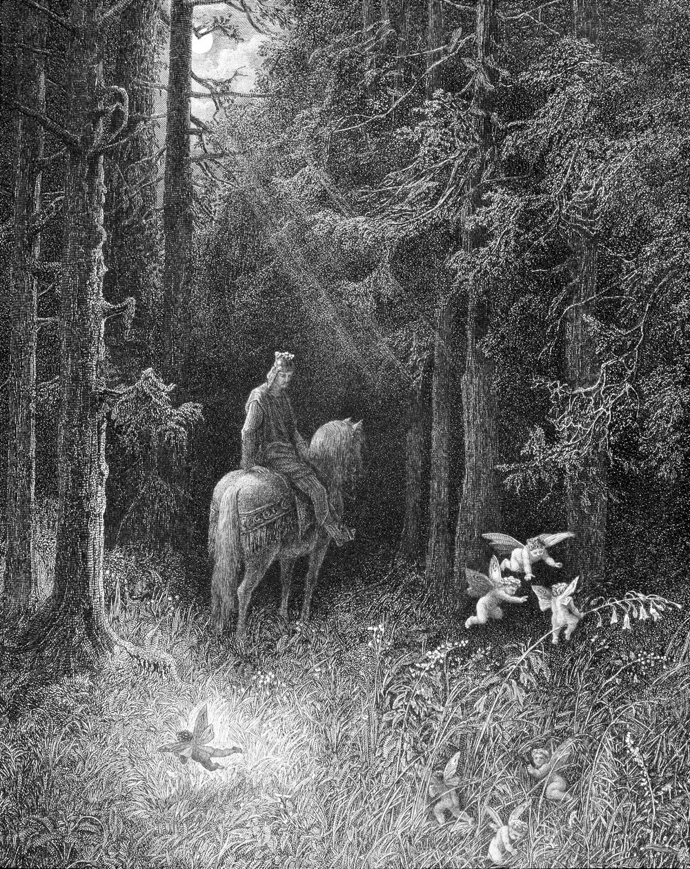Terwijl hij de donkere bossen doorkruiste, zag hij zelf 3 geesten gek van vreugde langs de weg springen op een grote bloem (een ridder van de ronde tafel die de drie geesten ontmoet in het bos van Brocéliande) - in 