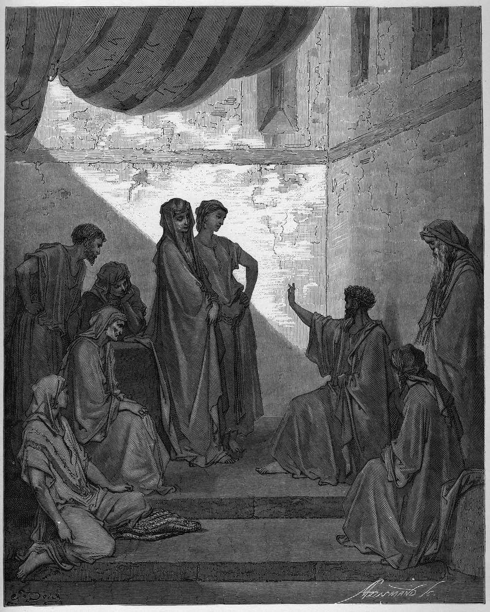 Doop van Cornelius de Centurio - Cornelius de Centurio ontvangt het geloof van Jezus Christus en wordt gedoopt door St. Peter. - Gravure in 