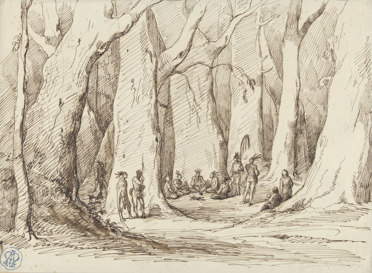 Bijeenkomst van oorspronkelijke Amerikanen in een bos door Gustave Dore