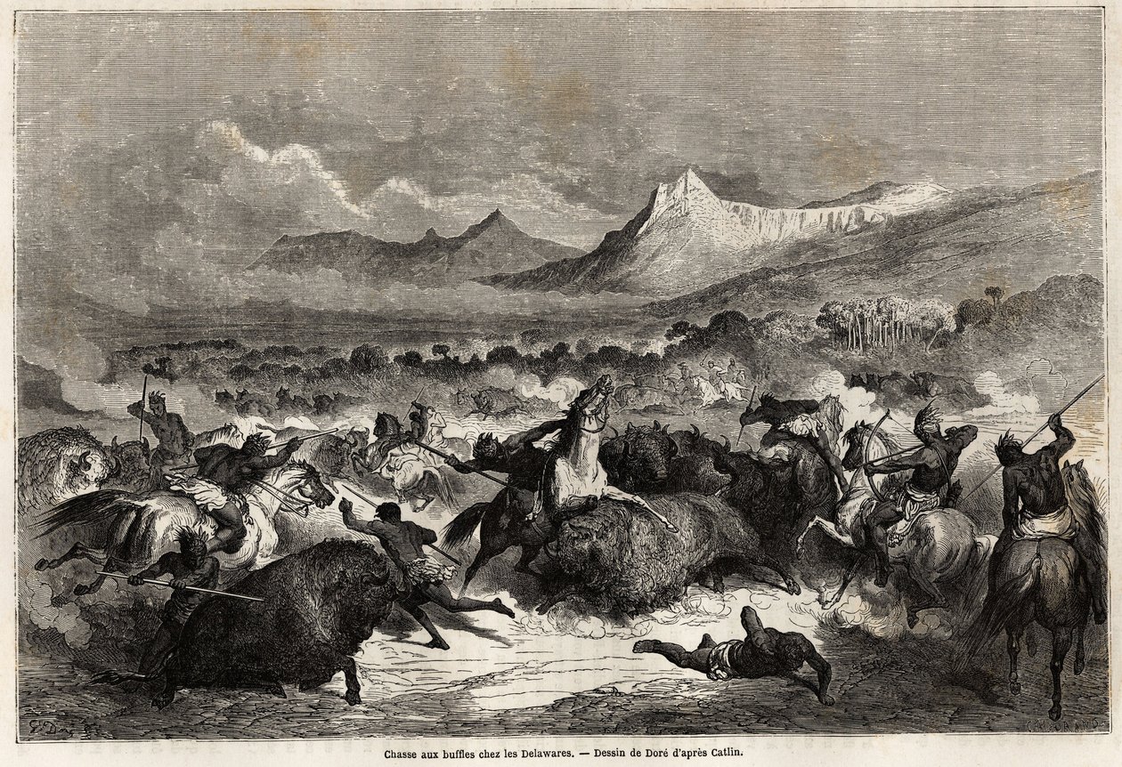 Buffeljacht onder de Delawares, Indianen die aan de oevers van de gelijknamige rivier wonen. Illustratie van de reis van de Mississippi naar de Stille Oceaan in 1853-54 door Baudouin Mollhausen. Gravure door Gustave Dore