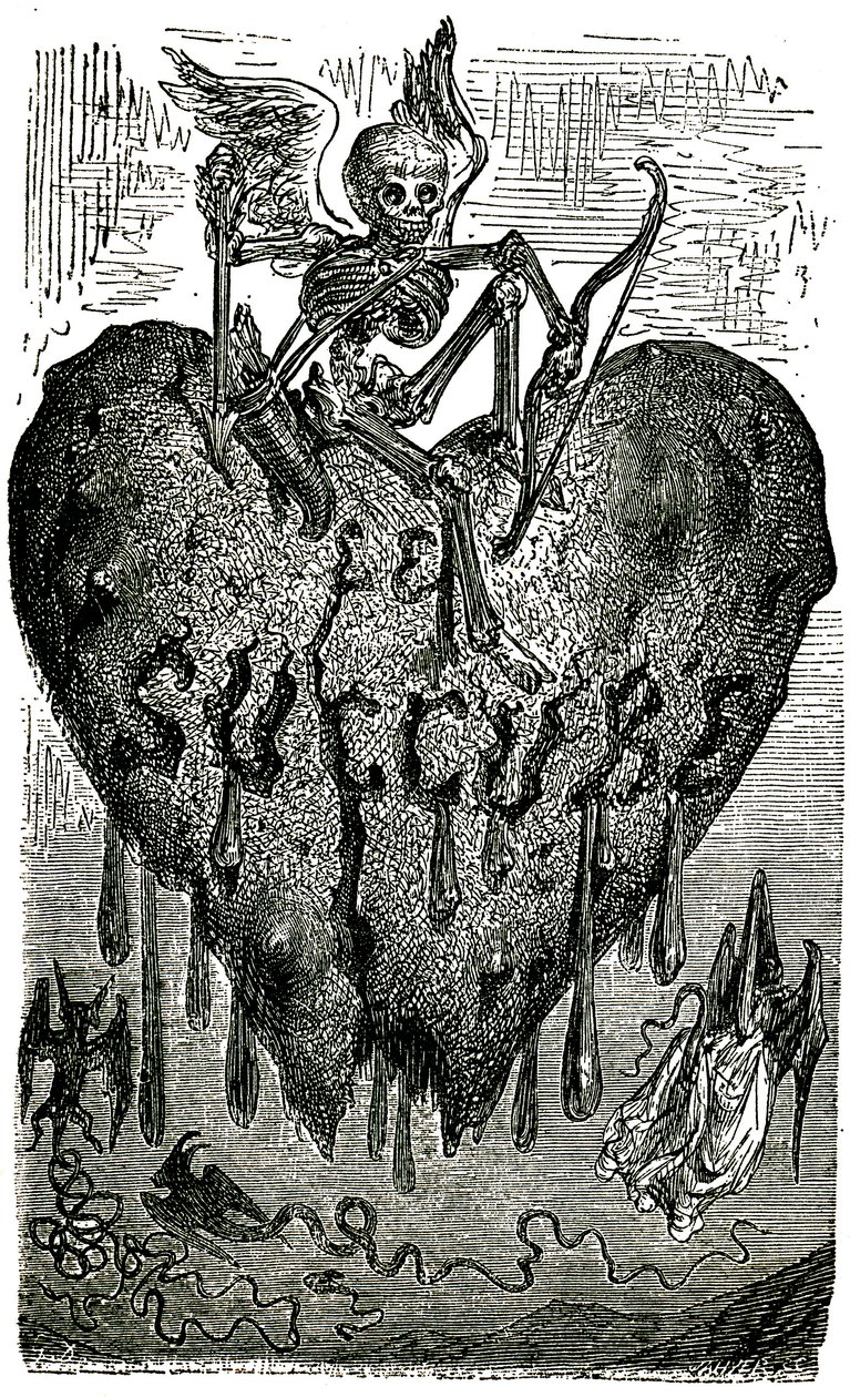 Hoofdstukillustratie door Gustave Doré voor de Drolatic Tales (1855) door Honoré de Balzac (1799-1850): de succubus (vampier) - skelet, dood, hart, bloed door Gustave Dore