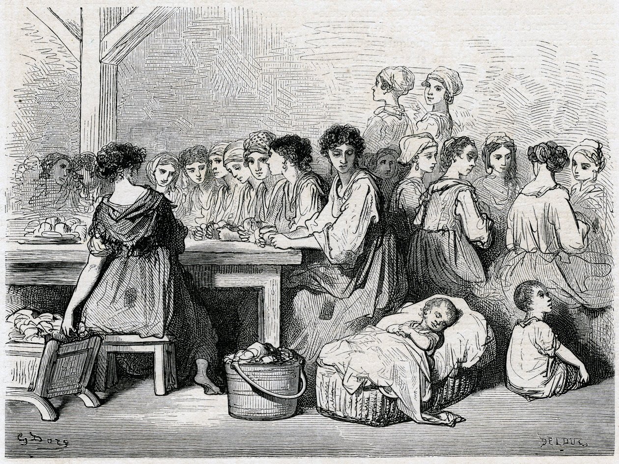 Cigarreras van Sevilla. Fabricage van sigaren, arbeiders, tabak. Tekening door Gustave Doré ter illustratie van 