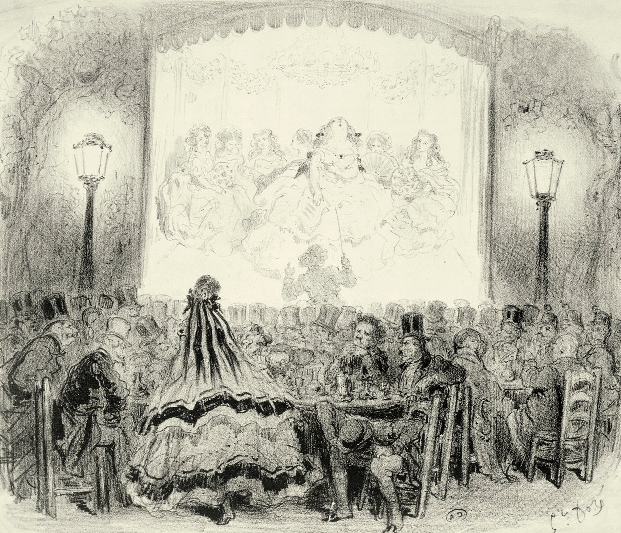 Koffieconcertzaal in Frankrijk, ca. 1865, gravure door Gustave Dore