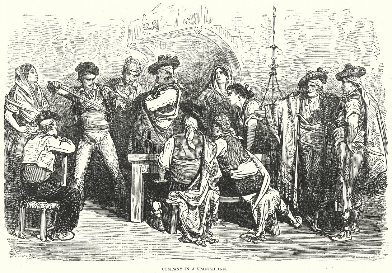 Gezelschap in een Spaanse herberg (gravure) door Gustave Dore