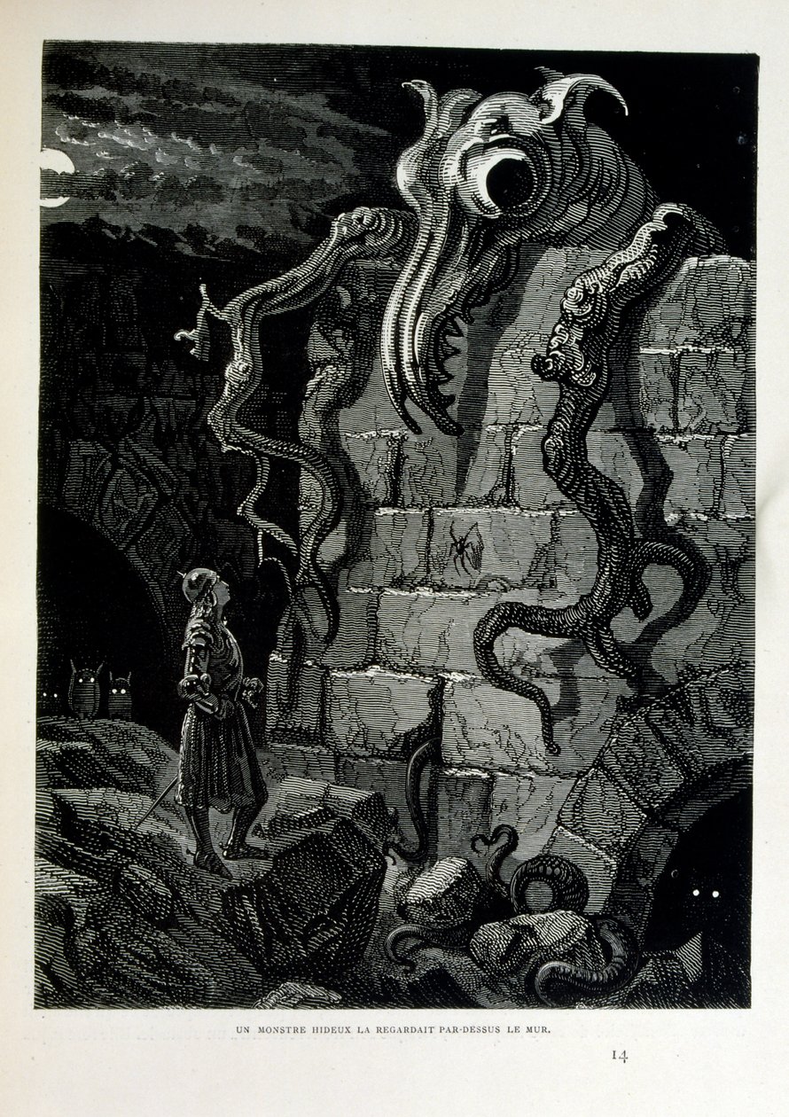 Croque-Mitaine; 1863 illustratie, door Gustave Dore; Franse kunstenaar, graveur, illustrator. Croque-Mitaine (De boeman) een kwaadaardig personage gepresenteerd aan kinderen om hen bang te maken en zo wijzer te maken. door Gustave Dore