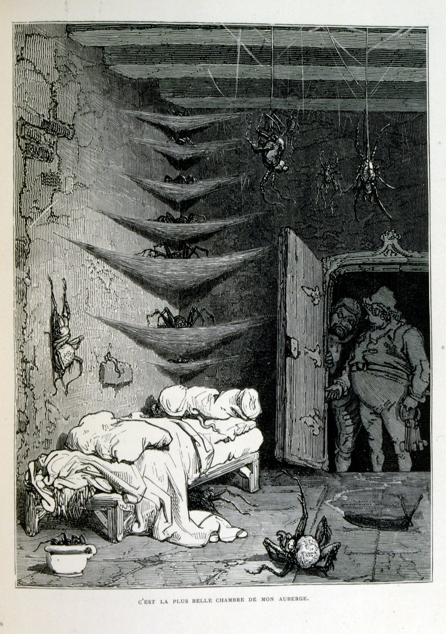 Croque-Mitaine; illustratie uit 1863, door Gustave Doré (1832-1883); Franse kunstenaar, graveur, illustrator. Croque-Mitaine (De boeman) een kwaadaardig personage gepresenteerd aan kinderen om hen bang te maken en zo wijzer te maken. door Gustave Dore