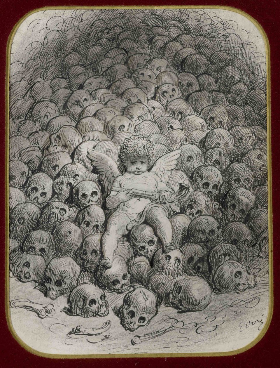 Cupido met een pistool op een berg schedels door Gustave Dore