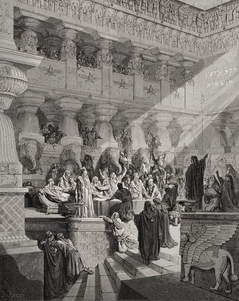Daniel Interpreteert het Schrift aan de Muur, Daniel 5:25-28, illustratie uit Dore