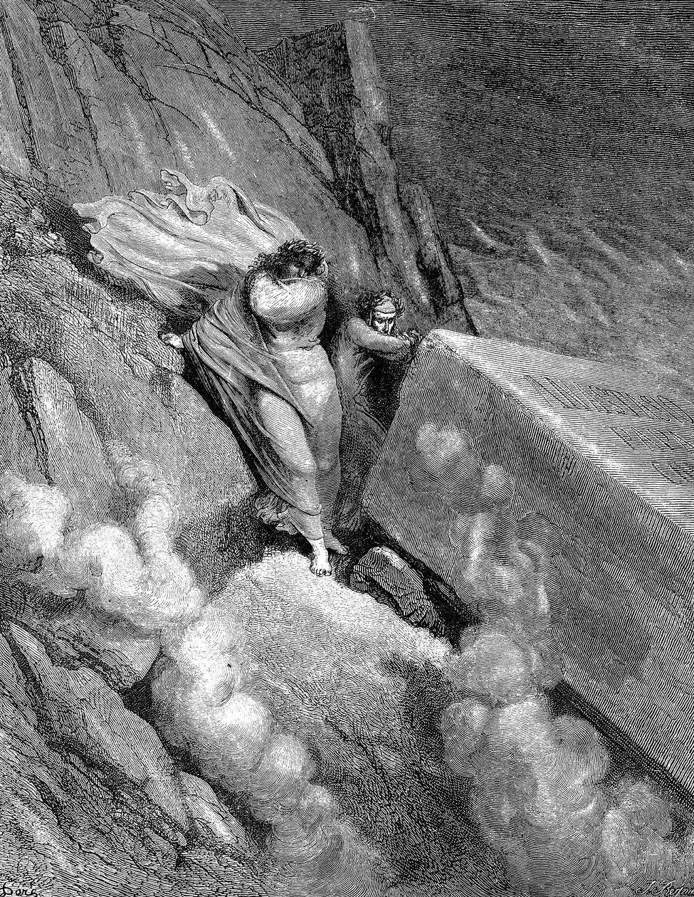 Dante en Virgil aan de rand van de afgrond waaruit een stinkende geur opsteeg, 1863 door Gustave Dore