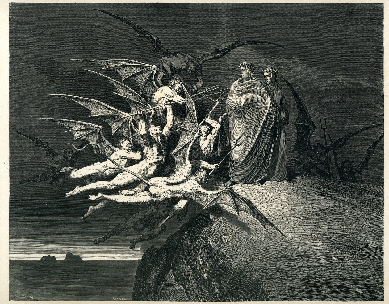 Dante en Virgil tegenover de demonen. Gravure uit De Hel van Dante Alighieri (de Goddelijke Komedie) geïllustreerd door Gustave Dore. Franse editie van 1861. “... Nessun di voi sia fello! (Laat niemand van jullie opstandig zijn!)”, zang 21, v. 72. door Gustave Dore