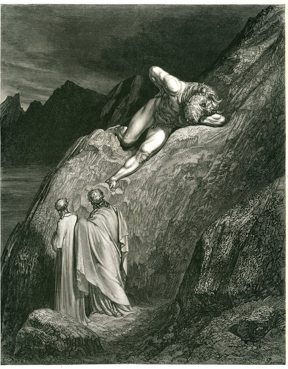 Dante en Vergilius ontmoeten de Minotaurus. Gravure uit De Hel van Dante Alighieri (de Goddelijke Komedie) geïllustreerd door Gustave Doré. Franse editie van 1861. door Gustave Dore