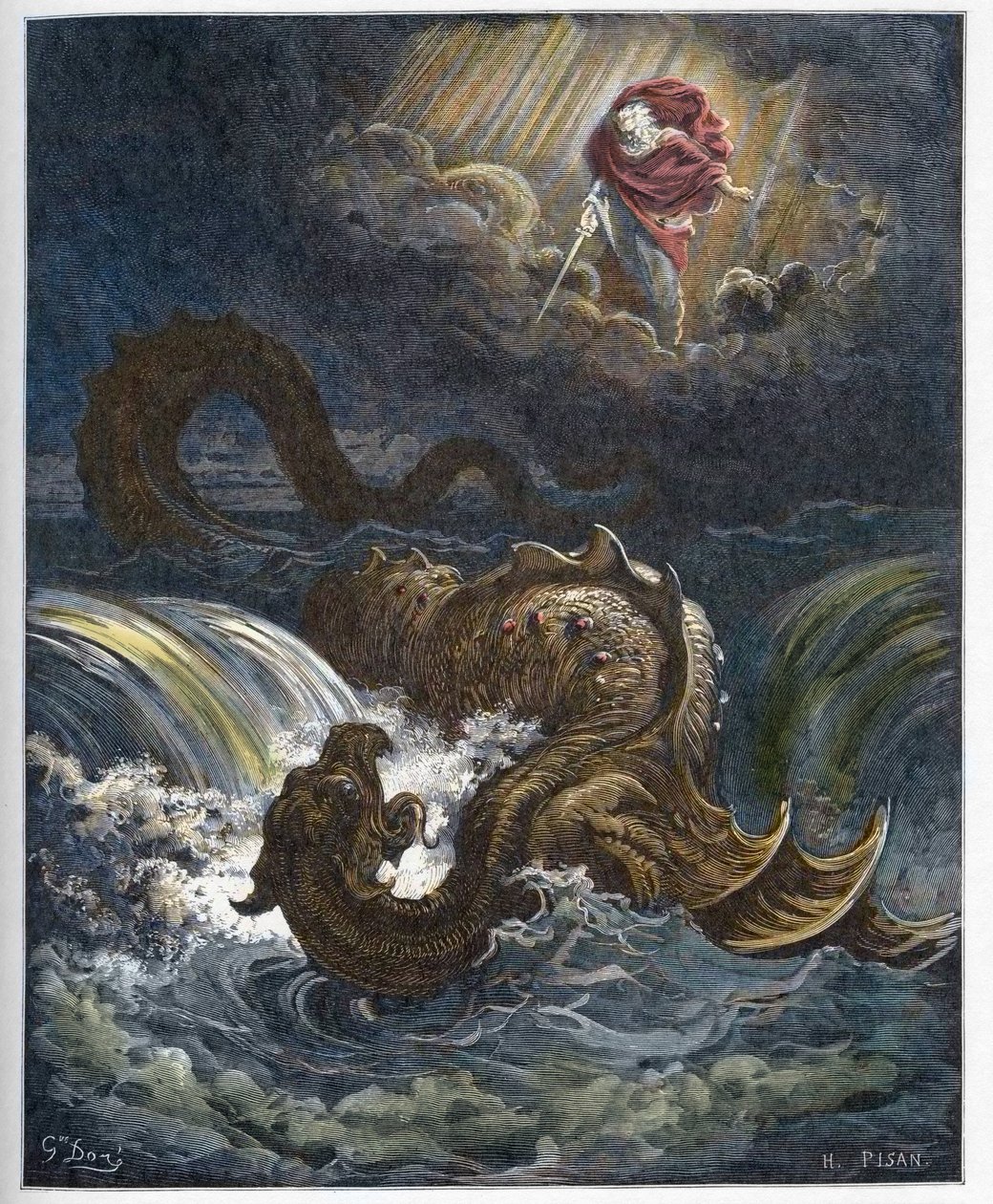 Vernietiging van Leviathan - De vernietiging van de Leviathan, het zeemonster uit het Oude Testament - gravure in 