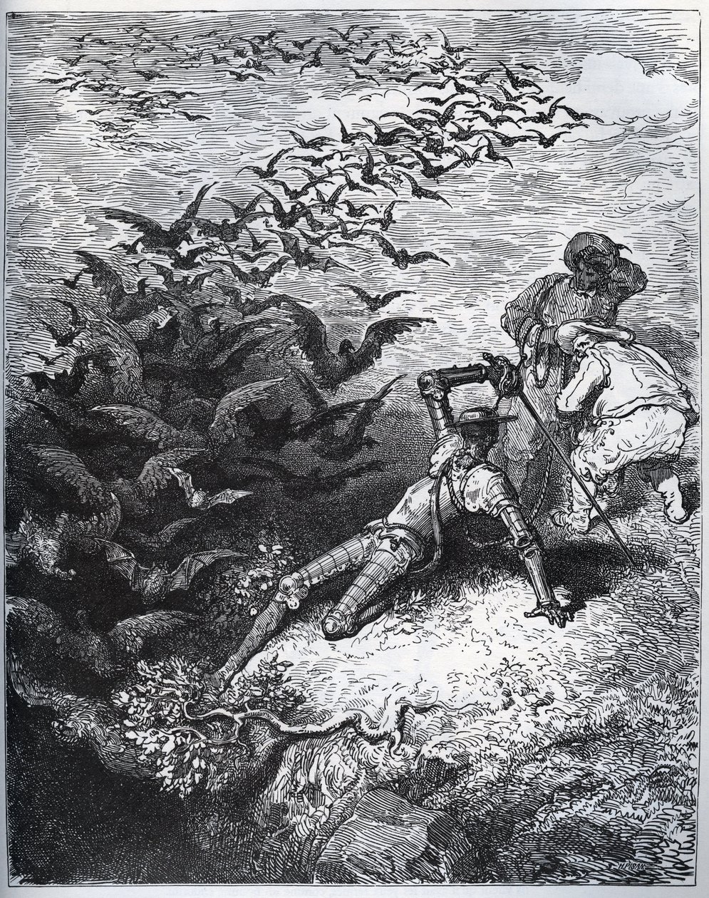 Don Quichot in de grot van Montesinos - Een oneindig aantal kraaien en roeken vliegen uit de grot van Montesinos en slaan Don Quichot tegen de grond (II, 22) - uit 