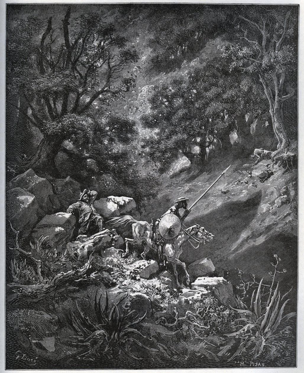 Don Quichot en Sancho Panza vervolgen hun reis in Sierra Morena op zoek naar de Deguenille-de-la-Malaise-Mijn - uit "Don Quichot de la Mancha" door Miguel Cervantes (1547-1616) - Houtsnede naar tekening van Gustave Dore door Gustave Dore
