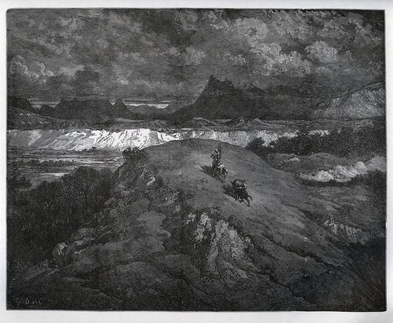 Don Quichot en Sancho Panza vervolgen hun avonturen in een bergachtig gebied, Sierra Morena - uit "Don Quichot de la Mancha" door Miguel Cervantes (1547-1616) - Houtsnede naar tekening van Gustave Dore door Gustave Dore