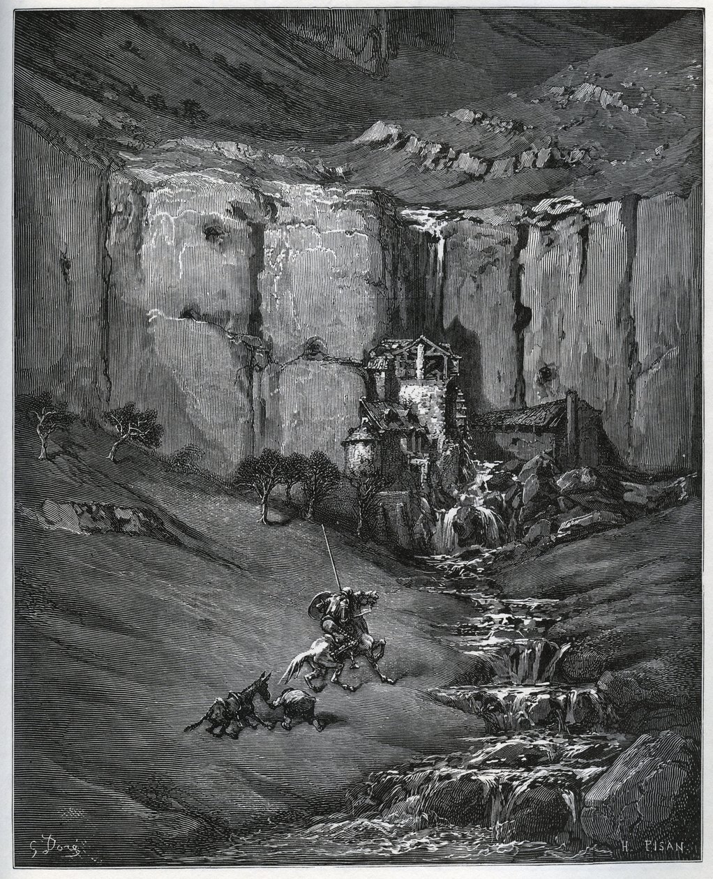 Don Quichot en Sancho Panza ontdekken wat hun bezorgdheid veroorzaakte, een waterval en een molen - uit 